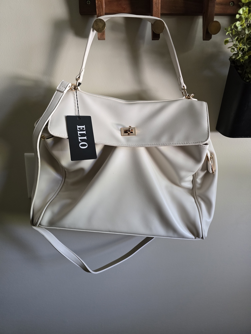 White Shoulder Bag with Gold Hardware